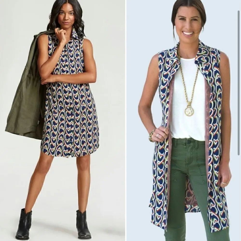 Cabi Amour Heart Print Button Up Sleeveless Shirt Dress